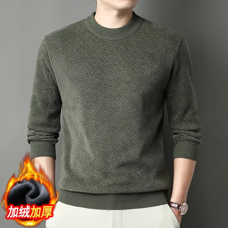 【加绒加厚】秋冬季雪尼尔针织衫毛衣男中年宽松圆领套头保暖打底衫