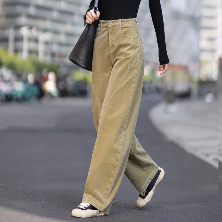 老钱风卡其色裤子灯芯绒休闲裤女秋冬加绒复古条绒裤小个子弯刀裤
