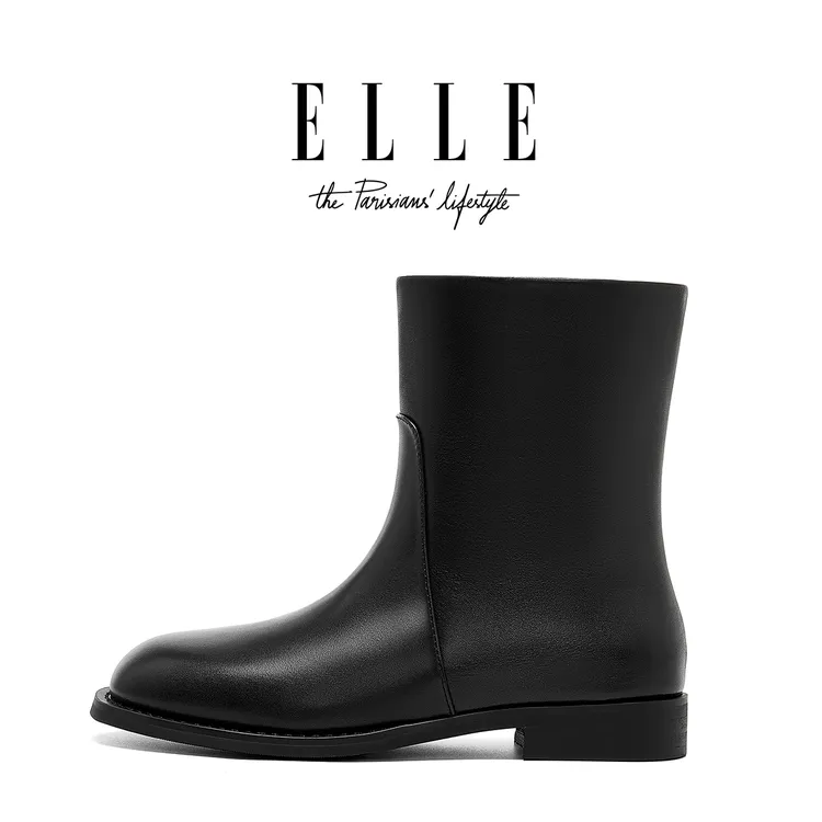 ELLE2025冬季新款短靴女真皮百搭时尚平底马丁靴英伦风切尔西靴子