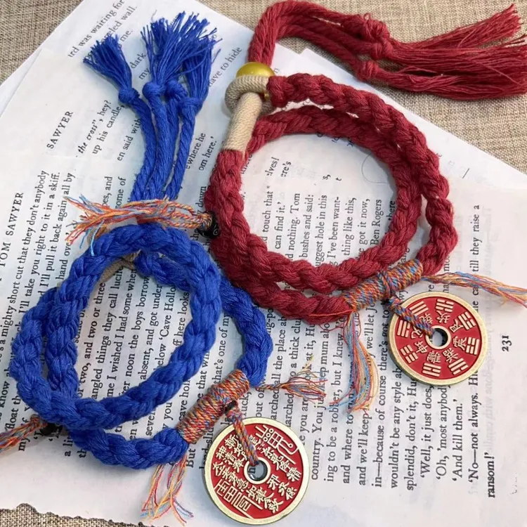 铜合金亚克力手链 山鬼花钱手链手搓棉线藏式手绳朱砂山鬼花钱手