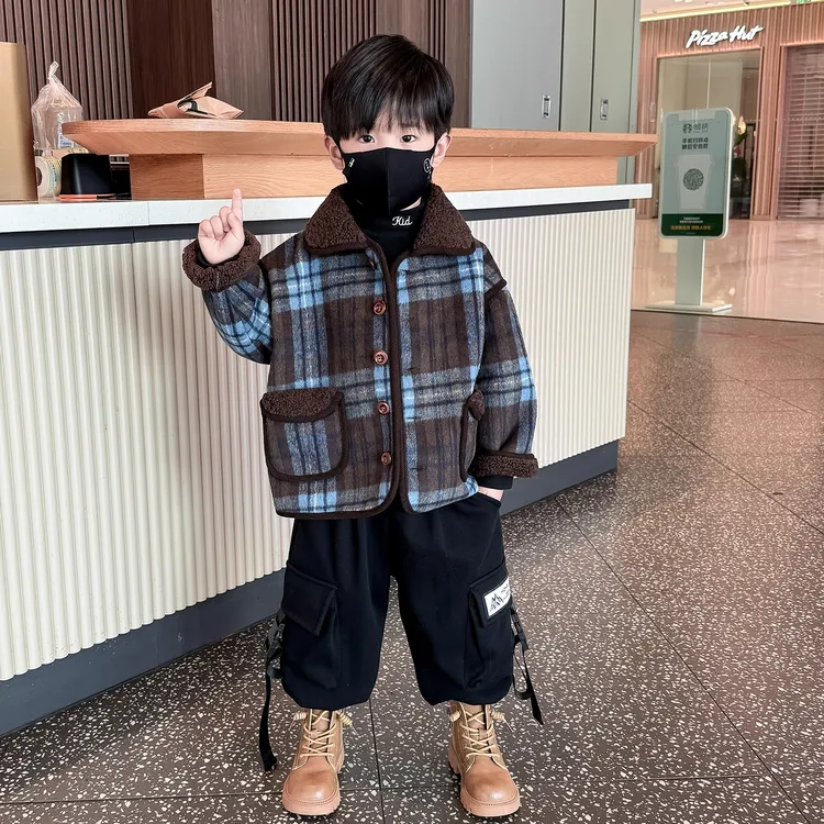 男童羊羔毛加绒外套秋冬装2025新款儿童男孩宝宝冬季加厚毛呢大衣