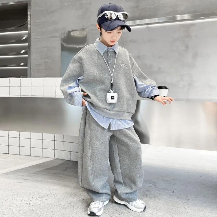 男童春秋款套装2025新款男孩假两件卫衣运动服中大儿童秋季两件套