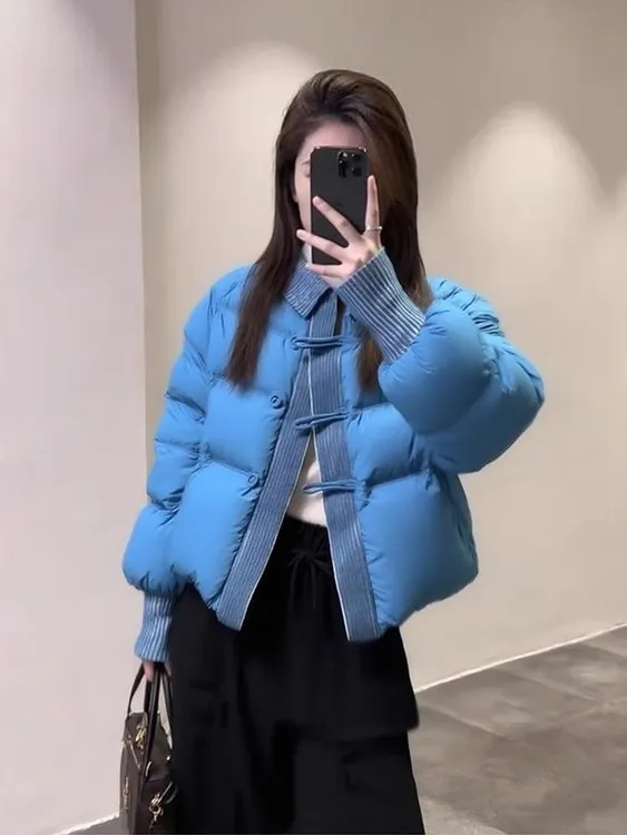 蓝色拼接棉服袄冬季女2025新款小个子巨好看的加厚保暖面包服外套