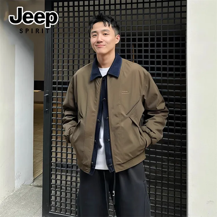 吉普春季新款保暖翻领拼接假两件潮流外套外套男秋冬季痞帅高级感