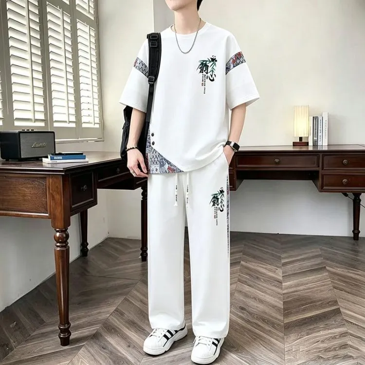 男士短袖套装夏季宽松潮流新中式国风休闲运动长裤男高级感两件套商品图