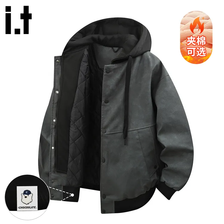 i.t:CHOCOOLATE连帽皮夹克男士2025冬季保暖加厚假两件高级感外套