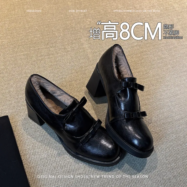 真皮复古蝴蝶结粗跟内增高加绒保暖乐福鞋女2025新款英伦风小皮鞋