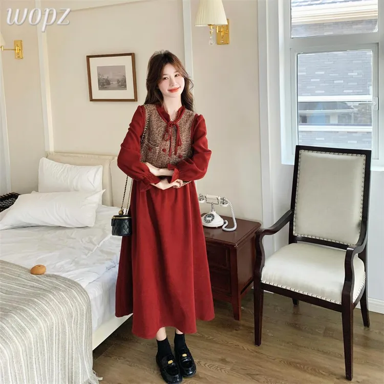 小香风红色连衣裙女春秋马甲套装裙两件套高级感流行漂亮绝美韩系