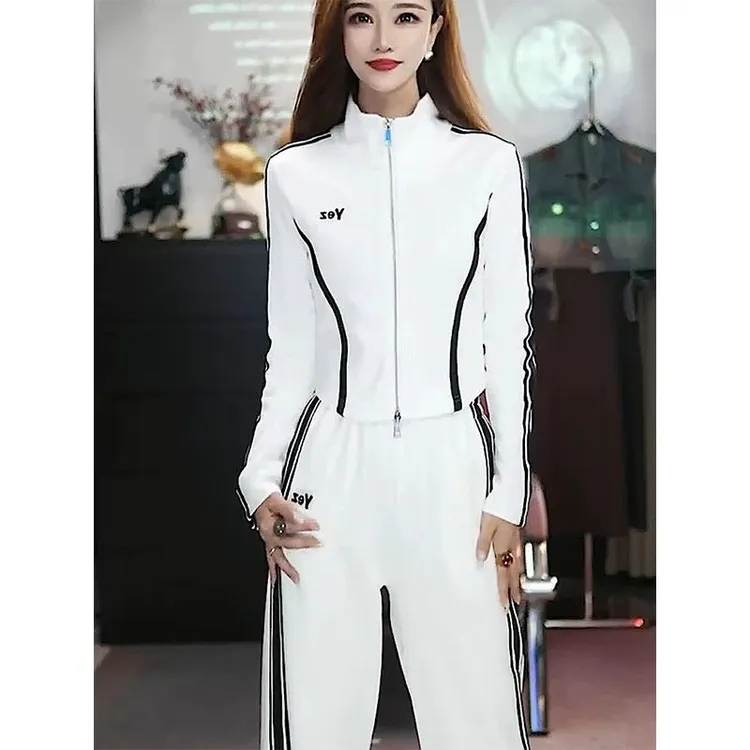 高级感时尚运动套装2025穿搭新款拉链开衫简约风白色上衣两件套女