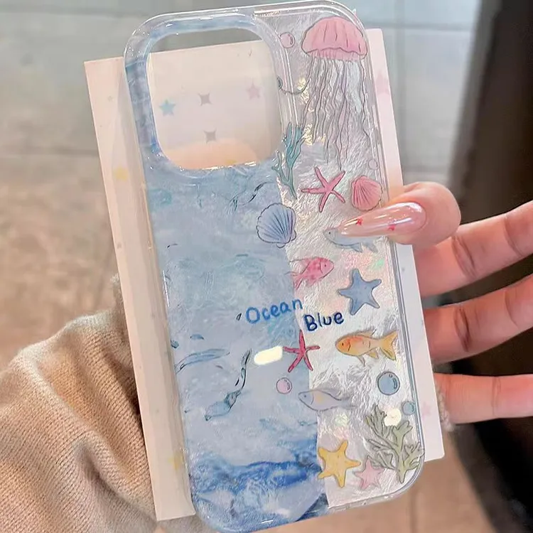 【入月】新款潮牌海底世界大孔冰川纹手机壳创意简约透明