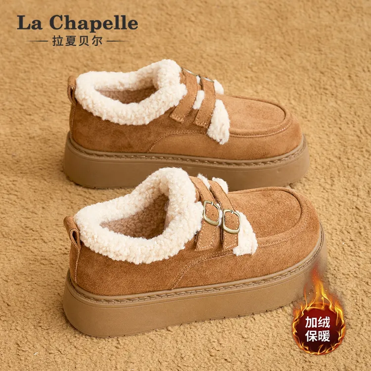 拉夏贝尔厚底加绒勃肯鞋女2025新款冬季乐福鞋博肯棉鞋毛毛雪地靴