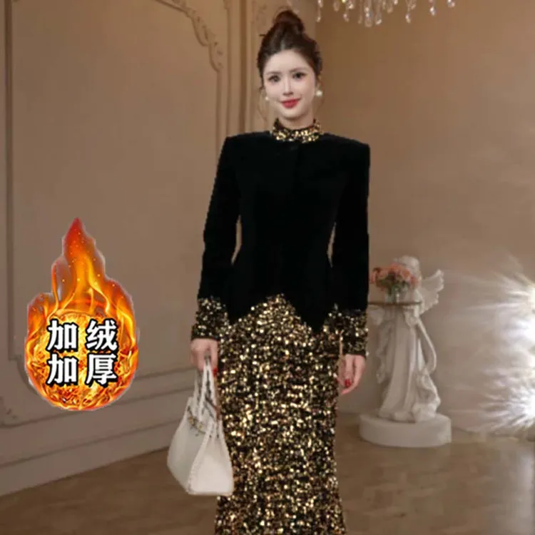 【加绒加厚】复古优雅长袖长裙修身名媛法式裙QY0210