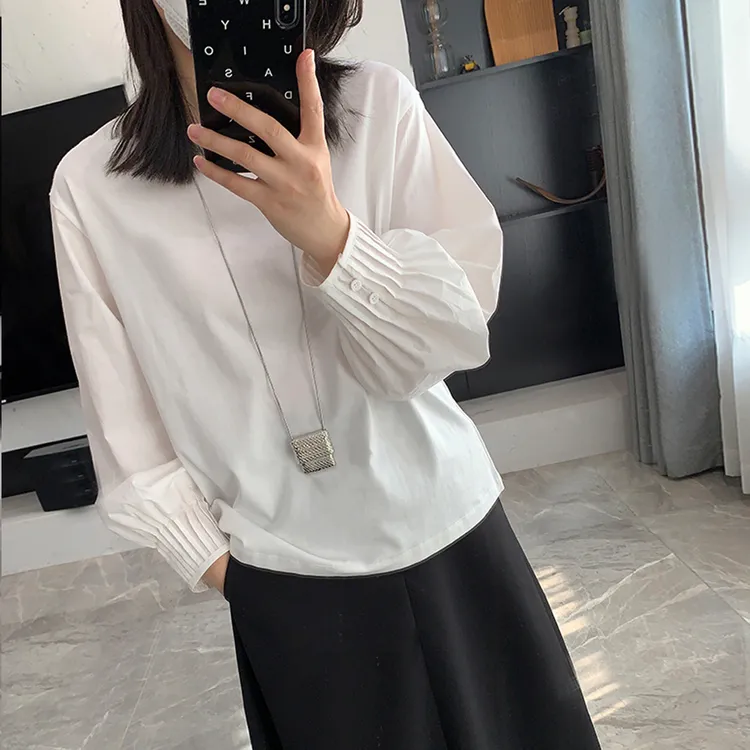 设计感皱褶衬衫袖拼接纯棉T恤上衣女2025春秋新款圆领宽松小衫潮