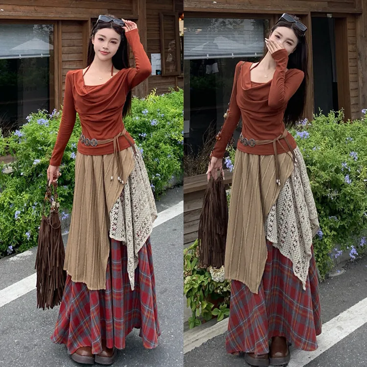 大码胖mm度假风系带长袖上衣T恤+叠穿复古格子半身裙两件套装女