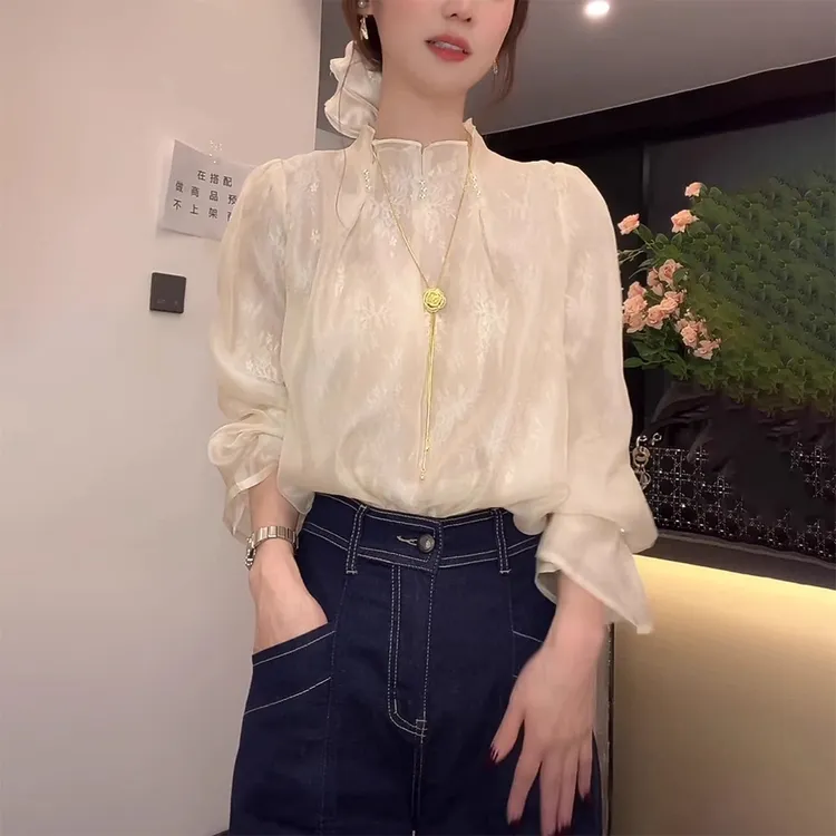 法式立领提花衬衫女2025新款春秋高级感重工钉珠衬衣气质雪纺上衣