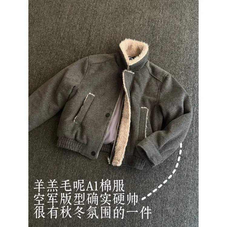 MANUSCRIPT羊羔毛呢MA1棉服男bomber短宽棉衣cleanfit座山雕外套