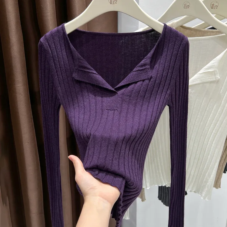 紫色设计感柔软翻领针织上衣女秋季新款高级感修身T恤长袖打底衫