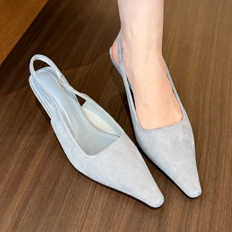 elingstudio 春日奶蓝！绒面尖头浅口细高跟鞋女细跟春季凉鞋凉鞋