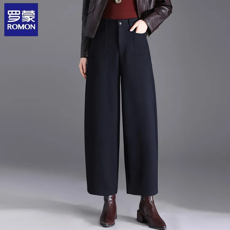 罗蒙高级感羊毛呢阔腿裤女秋冬季2025新款宽松休闲加厚弯刀直筒裤