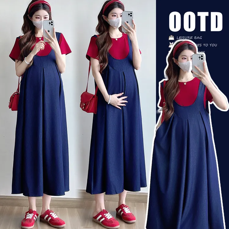 时髦孕妇装新款显瘦洋气时尚休闲T恤+韩版百搭宽松牛仔背心裙套装