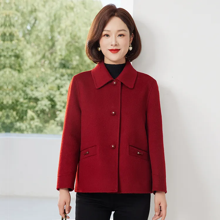 双面绒大衣女小个子短款2025秋新款羊毛妈妈装宽松休闲羊毛呢外套
