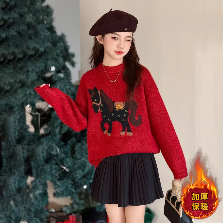 拜年服女童红色毛衣冬新年儿童针织衫过年2026马年本命年衣服12岁