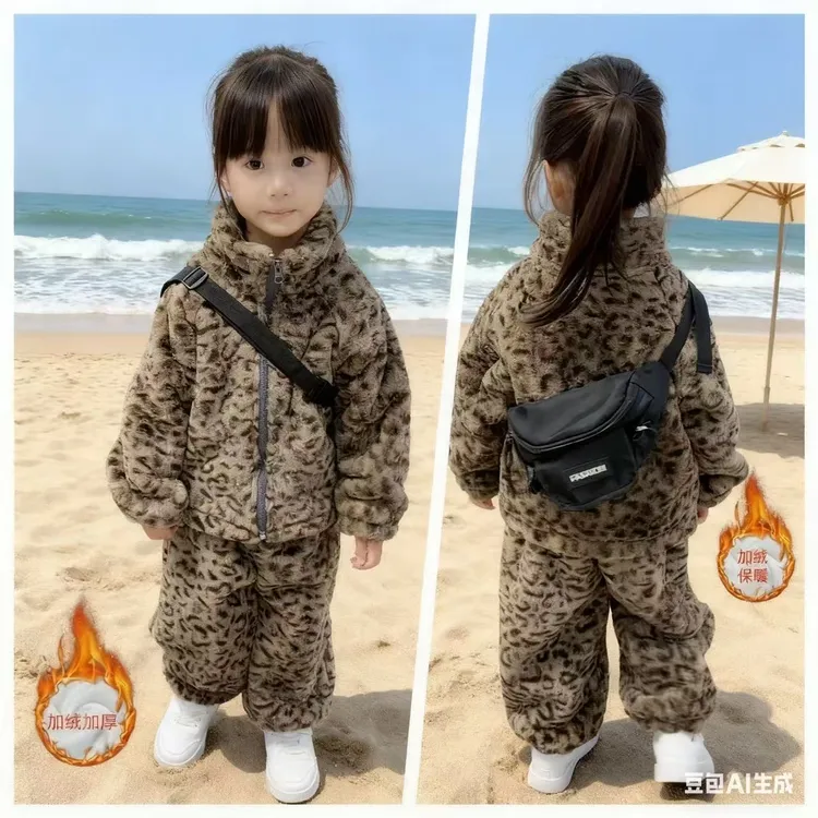 儿童加绒套装女童韩版加厚豹纹两件套男童仿兔绒一条过冬保暖皮草