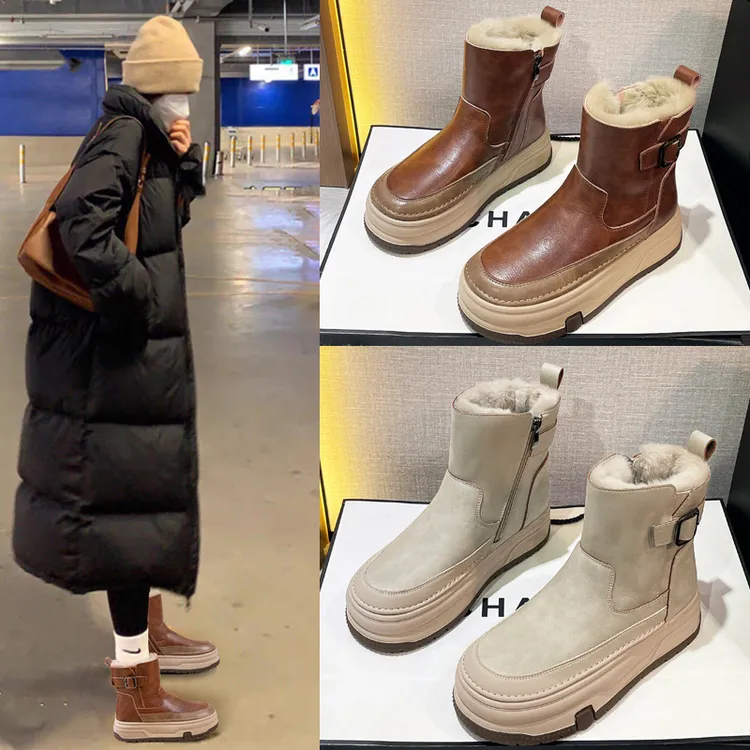 万达撤柜头层牛皮兔毛雪地靴女冬季加绒加厚保暖厚底防滑东北棉鞋