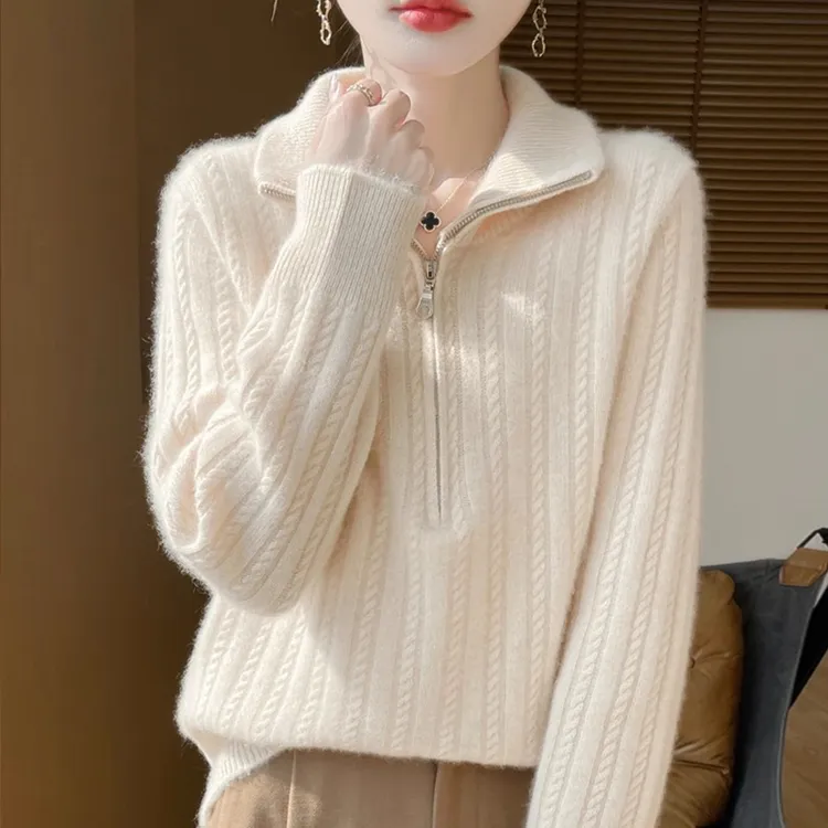 100纯羊毛衫女秋冬半拉链宽松加厚纯色套头打底衫时尚羊绒衫毛衣