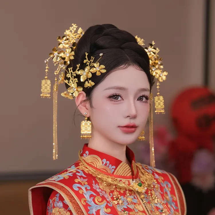 合金婚庆饰品 中式新娘金色喜字流苏龙凤褂结婚婚礼发饰品MF2514