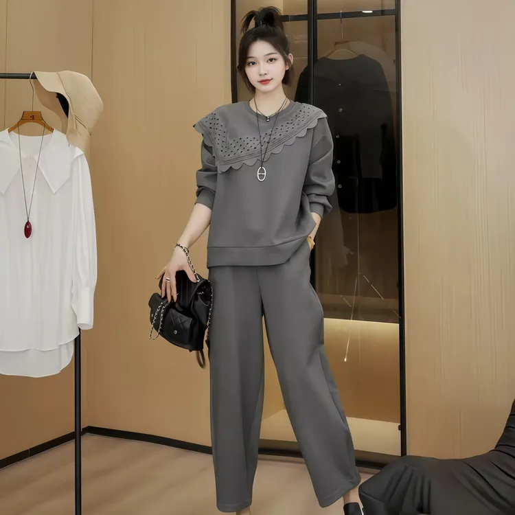 韩系撞色花边拼接套装女2025秋季大码胖MM设计感卫衣+裤子两件套