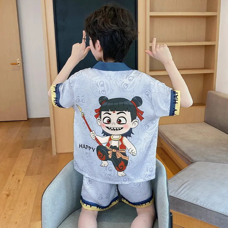 冰丝男童睡衣夏季短袖儿童新款套装中大童男孩洋气亲子卡通家居服