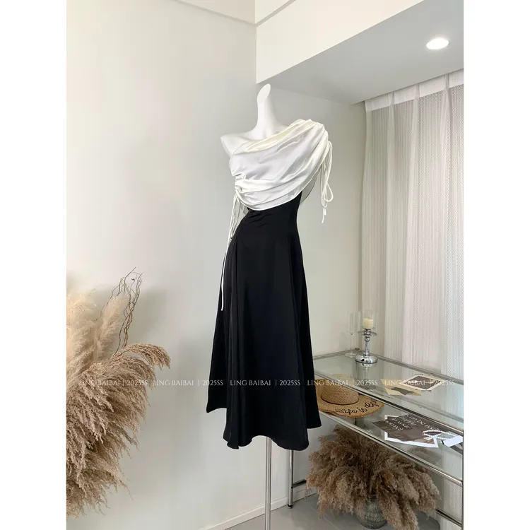 //香颂人间//赫本风法式千金高级贵气感荡领连衣裙生日裙度假裙