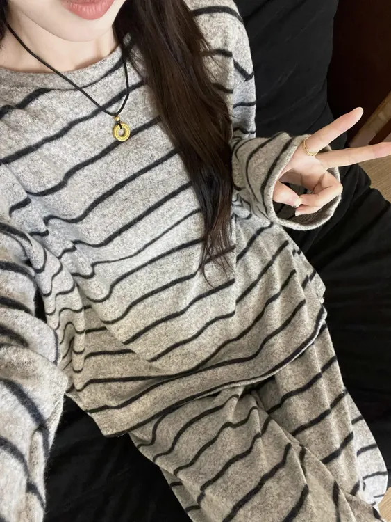 韩版少女简约德绒条纹撞色睡衣女秋冬季新款套装居家服爆款可外穿