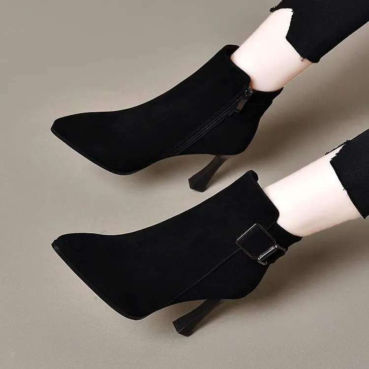 磨砂绒尖头高跟短靴女春秋单靴2025年新款小个子时装马丁靴酒杯跟