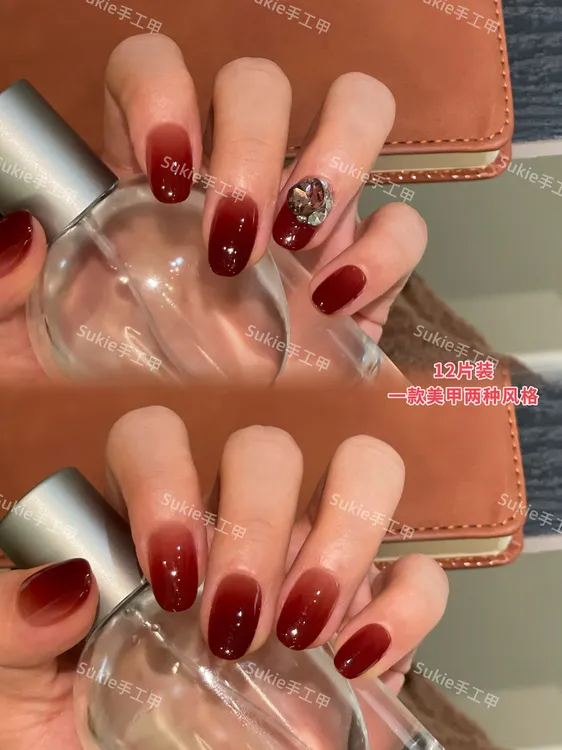 【12片红玫瑰】东洲K9钻秋冬季长椭圆纯欲酒红渐变气质甲片可拆卸