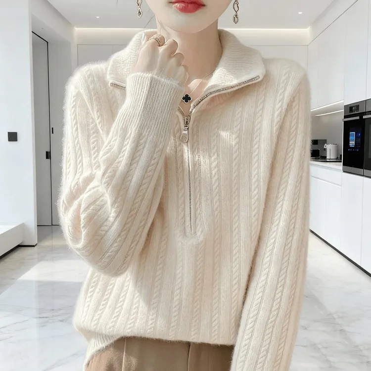 鄂尔多斯市羊绒衫女款半拉链半高领时尚减龄厚款纯色针织羊毛衫女