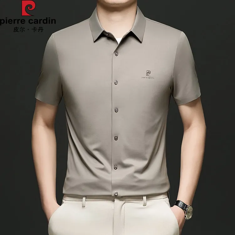 皮尔卡丹专柜正品短袖刺绣衬衣中年男士商务休闲桑蚕丝衬衫爸爸装