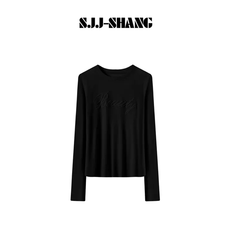 SJJ-SHANG【字母新河】纯色字母天丝羊毛针织设计感长袖T恤q135497p