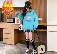 9393衣长65加绒加厚假两件格子拼接卫衣秋冬季宽松显瘦POLO领上衣