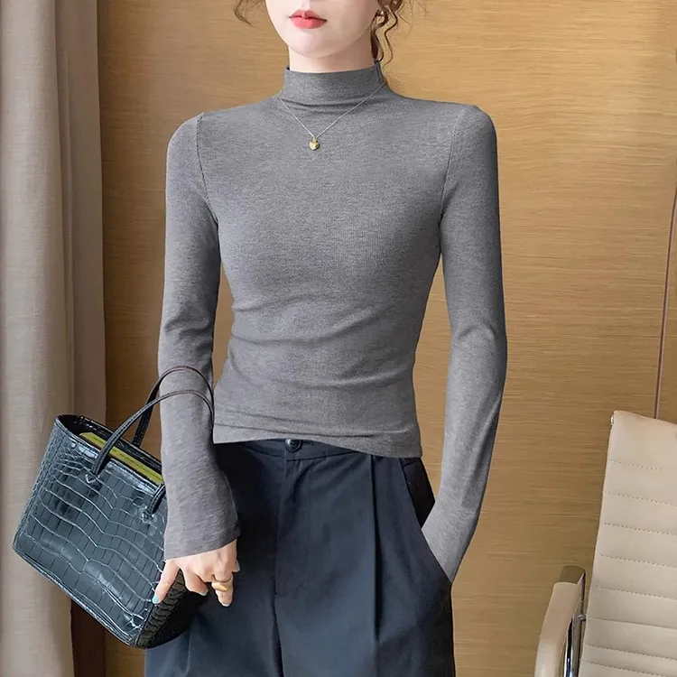 灰色半高领长袖t恤女款爆款2025新款高级感打底衫修身巨显瘦上衣