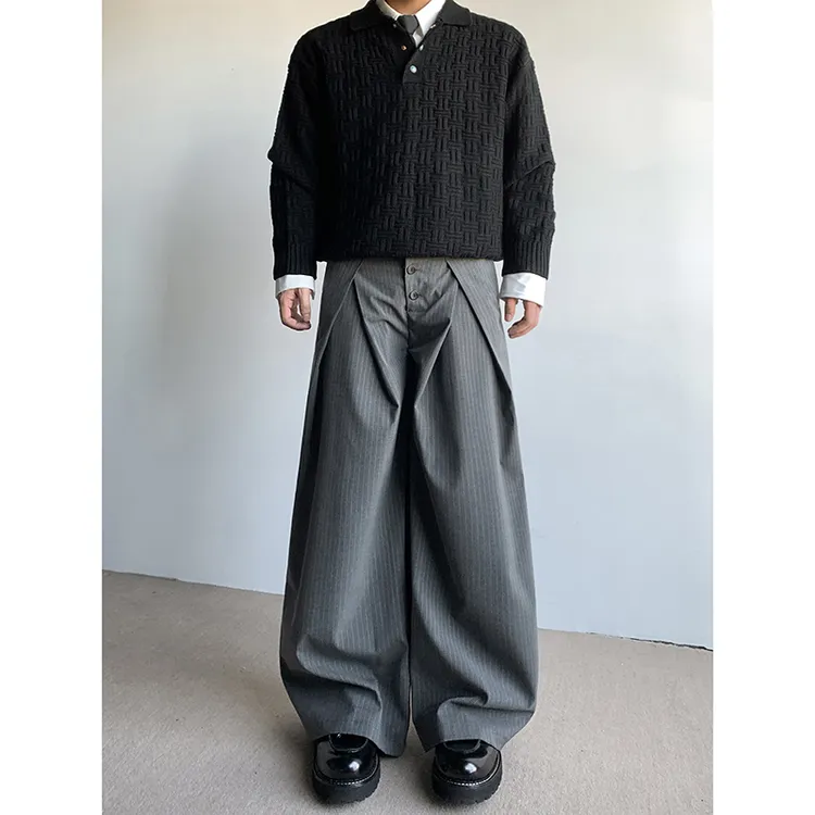 PLTH*美式灰色褶皱线条A字版西裤老钱风宽松休闲垂感阔腿西装裤男