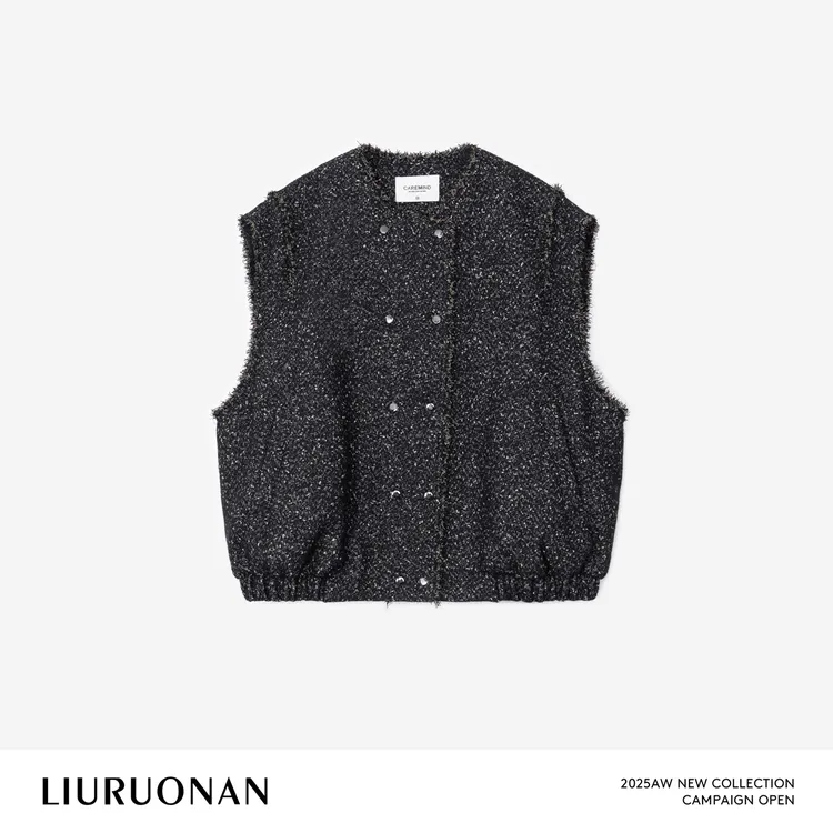 LIURUONAN 25WIN【粗花呢金丝马甲】粗花呢毛边圆领无袖白鹅绒马夹