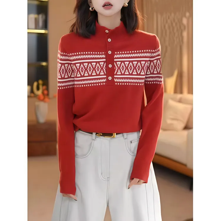 氛围感半高领套头针织衫毛衣女秋冬新款费尔岛设计款保暖百搭上衣