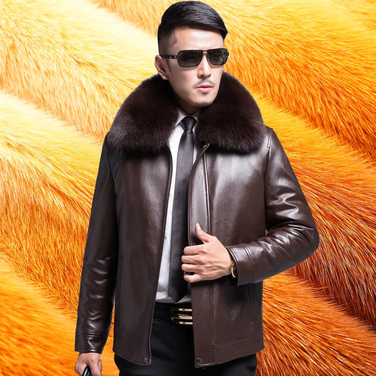 冬季海宁皮衣男中老年爸爸装短款翻领皮夹克可拆卸加厚毛内胆外套