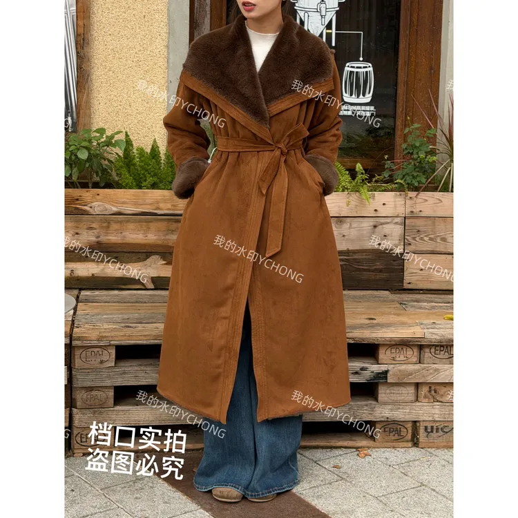 冬新款收腰鹿皮绒皮毛一体走秀款气质大衣长款外套洋气大翻领静奢