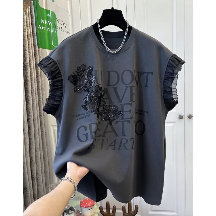重工钉珠字母拼接网纱小飞袖短袖T恤女上衣宽松时尚圆领灰色夏季