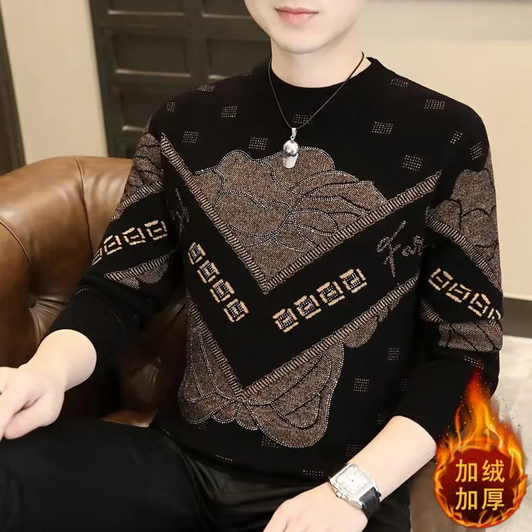 男装毛衣秋冬季男士新款提花烫钻圆领针织衫长袖套头加厚保暖百搭