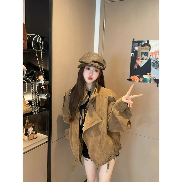 复古美拉德麂皮机车服外套女秋季休闲宽松翻领廓形感工装夹克上衣