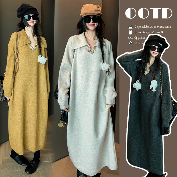 现 2025秋季复古v领长款宽松针织慵懒风毛衣连衣裙